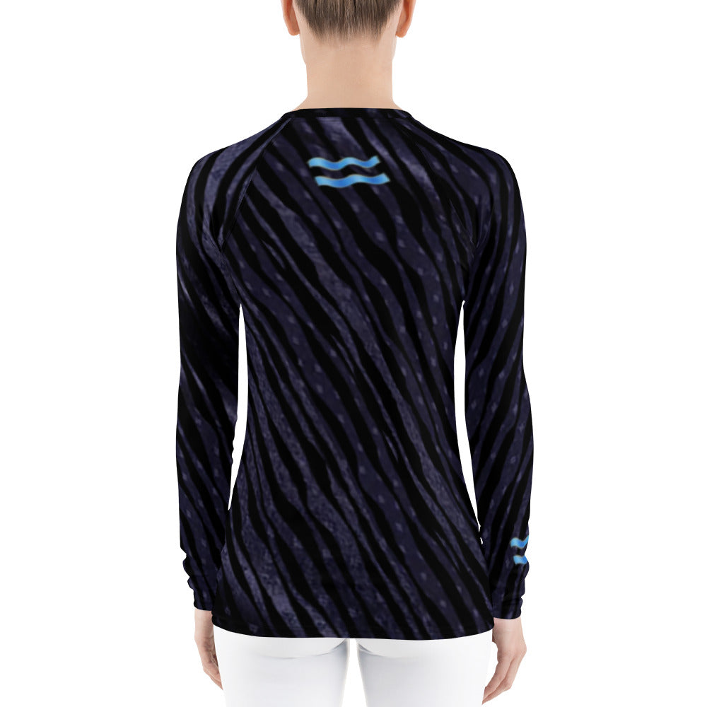 Fitness or Gymwear Top for Aquarius. Blue Black Rashguard "Cosmic Aqua" from WickedYo.